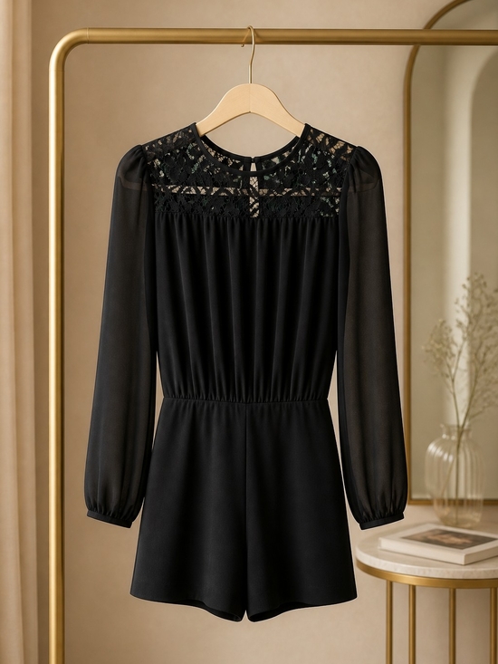 MICHAEL Michael Kors Pants - MICHAEL Michael Kors Black Lace-Yoke Long Sleeve Romper
